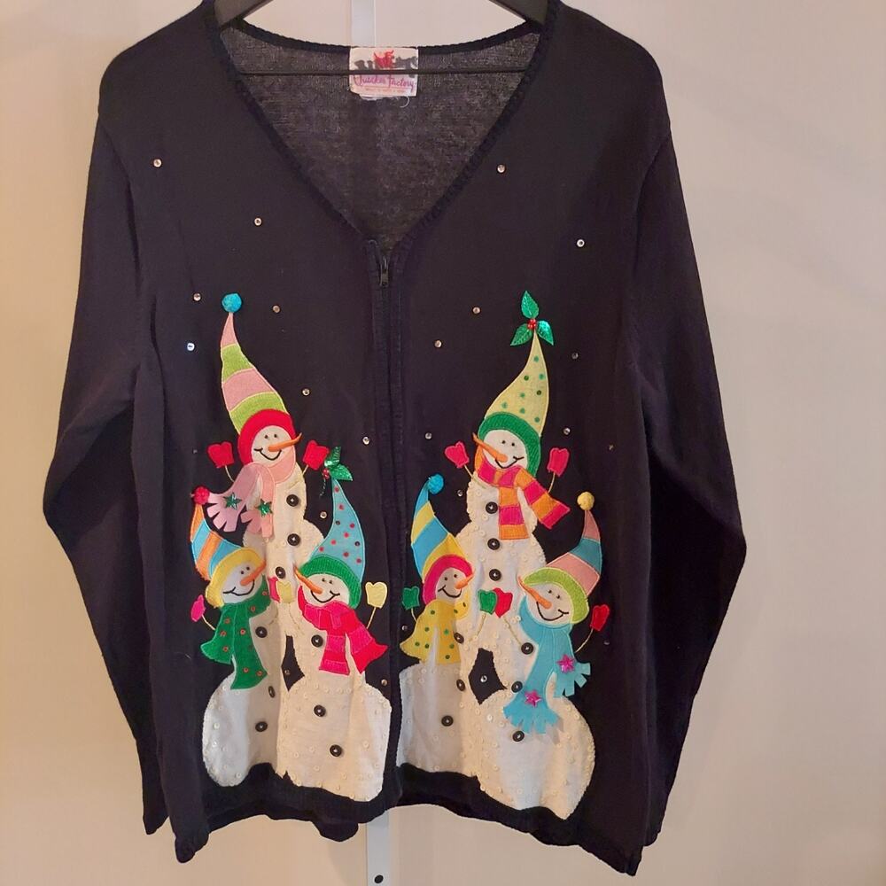 Quacker‎ Factory Large Long Sleeve Snowman Cardigan Sweater